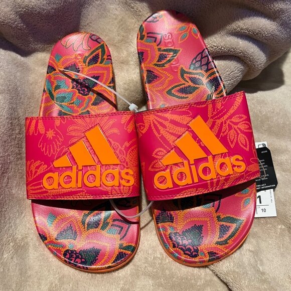 NWT FARM Rio Slide Sandals Adidas Collaboration Women's Size 11 Red Floral Print - Picture 1 of 7